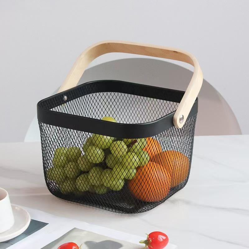 Inttox-🧺✨ Panier de Pique-Nique en Maille Métallique avec Poignée en Bois 🍎🥖