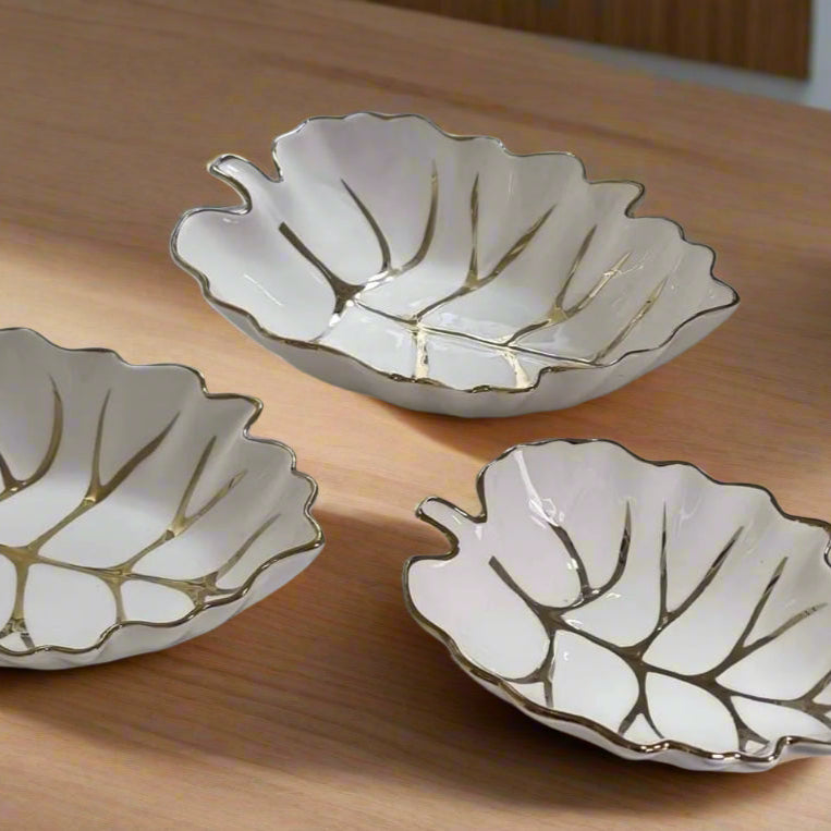 Inttox-🍃✨ Ensemble de 3 Bols en Céramique Feuille Émaillée – Design Élégant avec Détails Dorés 🌿💫