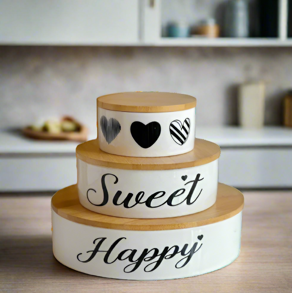 Inttox-🫙✨ Ensemble de Boîtes de Rangement "Sweet & Happy" – 3 pièces avec Couvercles en Bambou 💛🌿