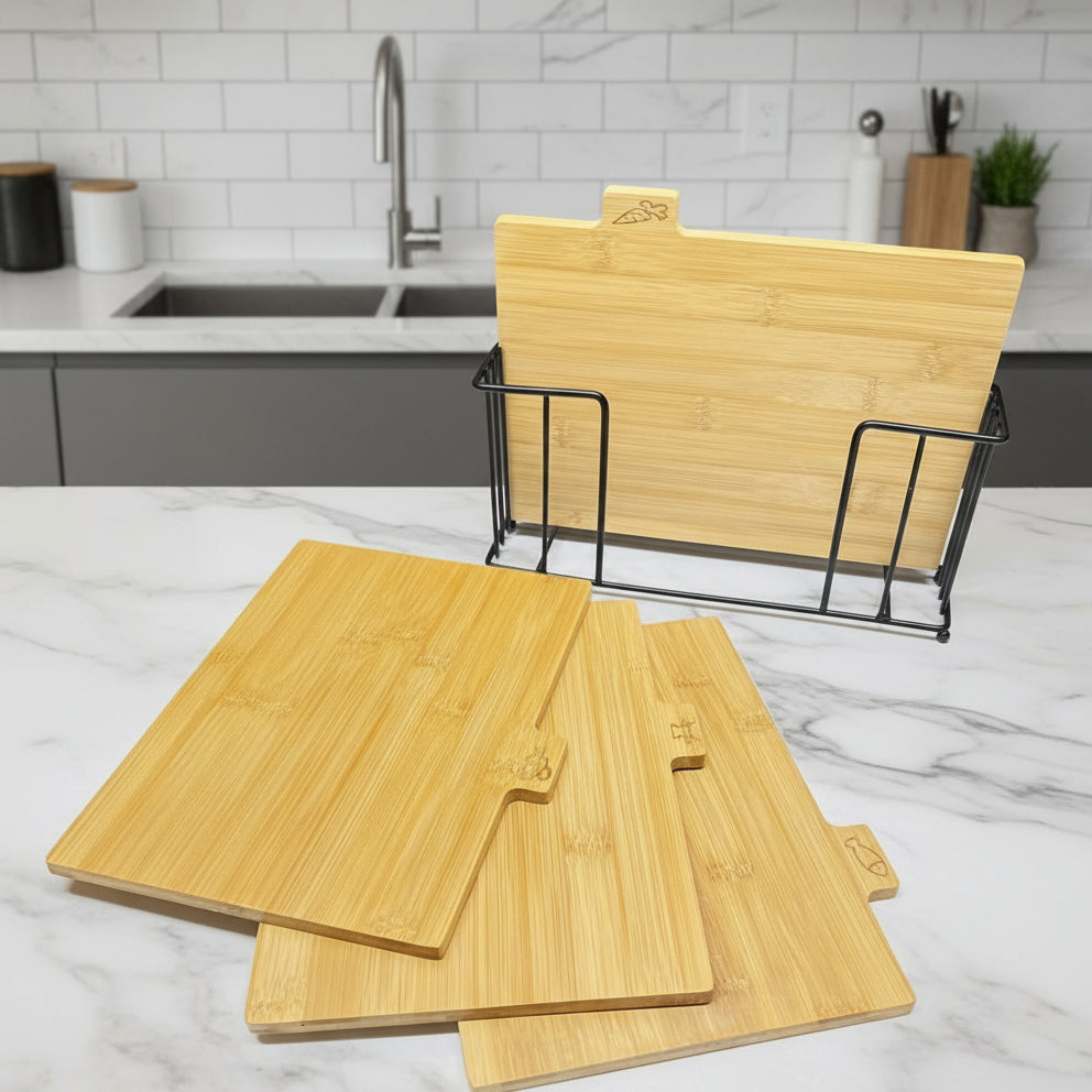Inttox-4 Planches à découper en métal noir et bambou avec support