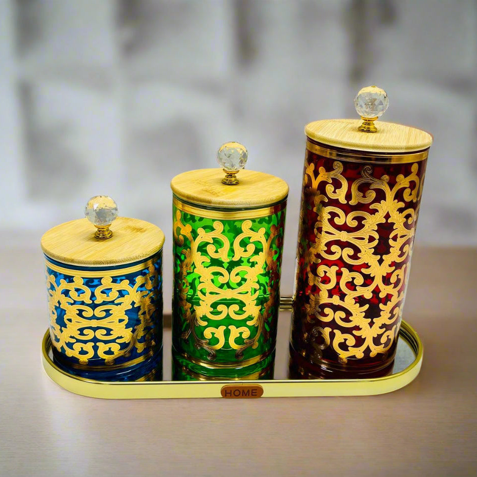 Inttox-Ensemble de Bocaux Décoratifs avec Couvercles en Bambou et Plateau Doré 🌟