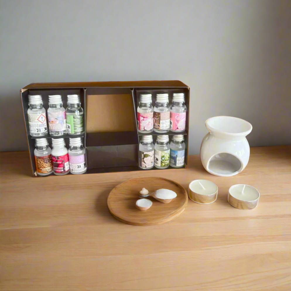 Inttox-🌿🕯️ Coffret Aromathérapie Complet – 12 Huiles Parfumées + Brûleur Céramique + Bougies ✨