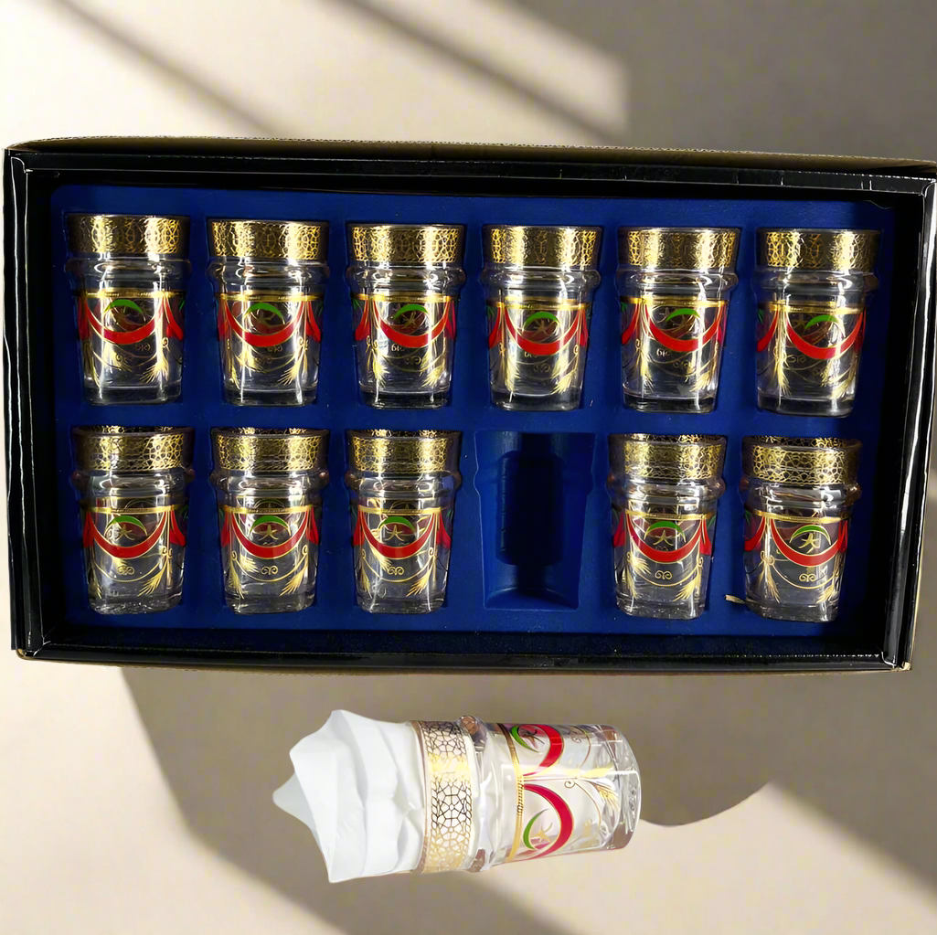 Inttox-🥇 Coffret de 12 Verres à Thé Marocains – Design Doré & Rouge Royal 🫖🇲🇦