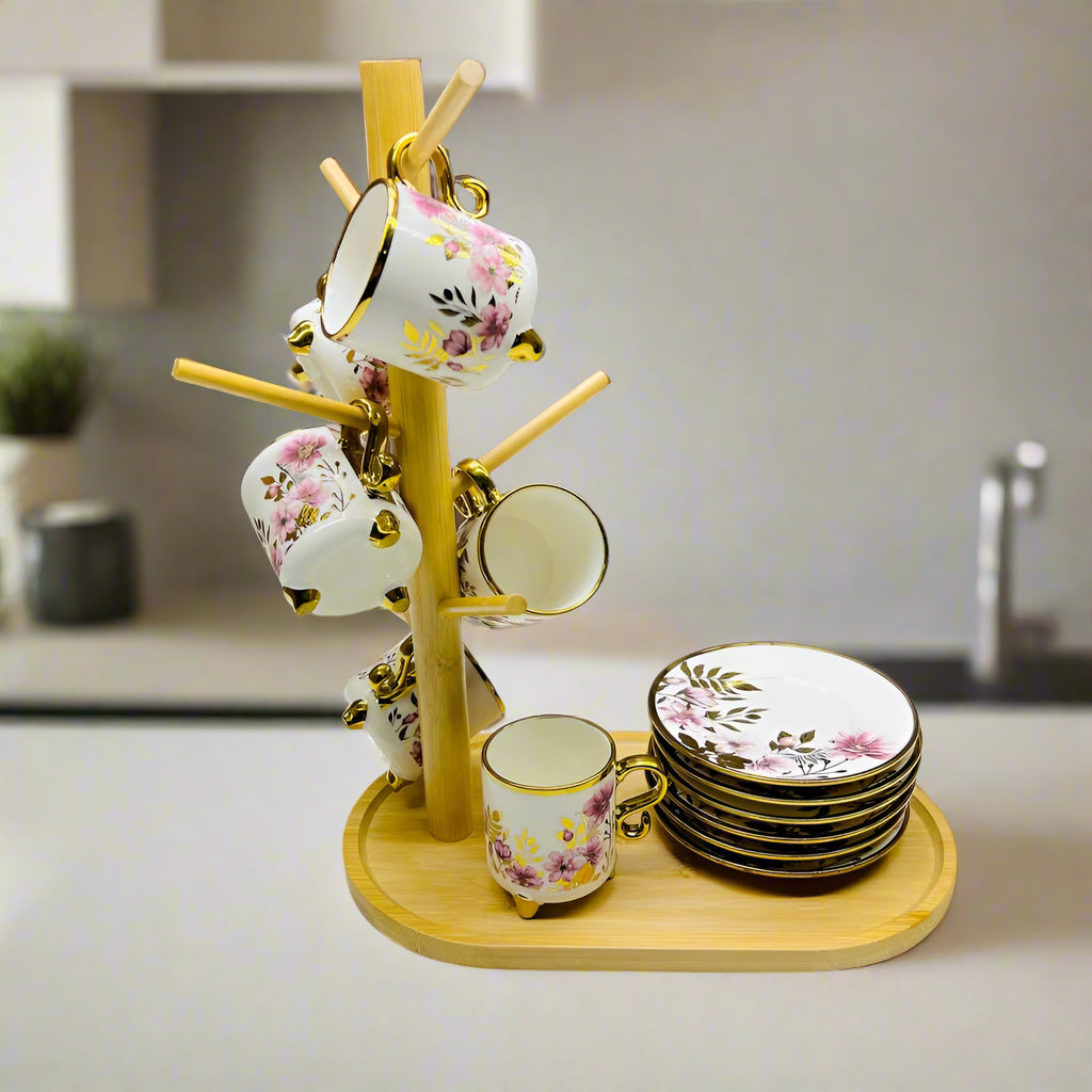 Inttox-☕🌸 Ensemble de tasses à café en porcelaine avec soucoupes – Motif floral doré élégant