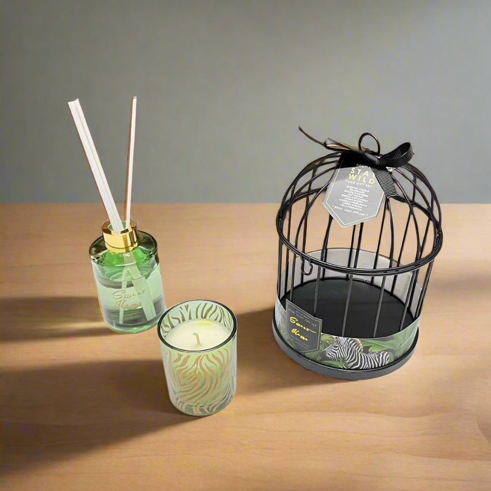 Inttox-🕯️🏡 Coffret Parfum d'Ambiance "Sweet Home" – Bougie & Diffuseur en Cage Décorative 🎁✨