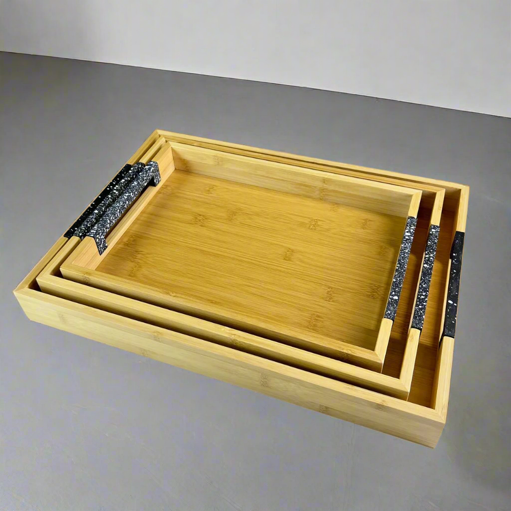 Inttox-Set de 3 Plateaux Empilables en Bois de Bambou avec Poignées Noires Éclatées 🪵✨