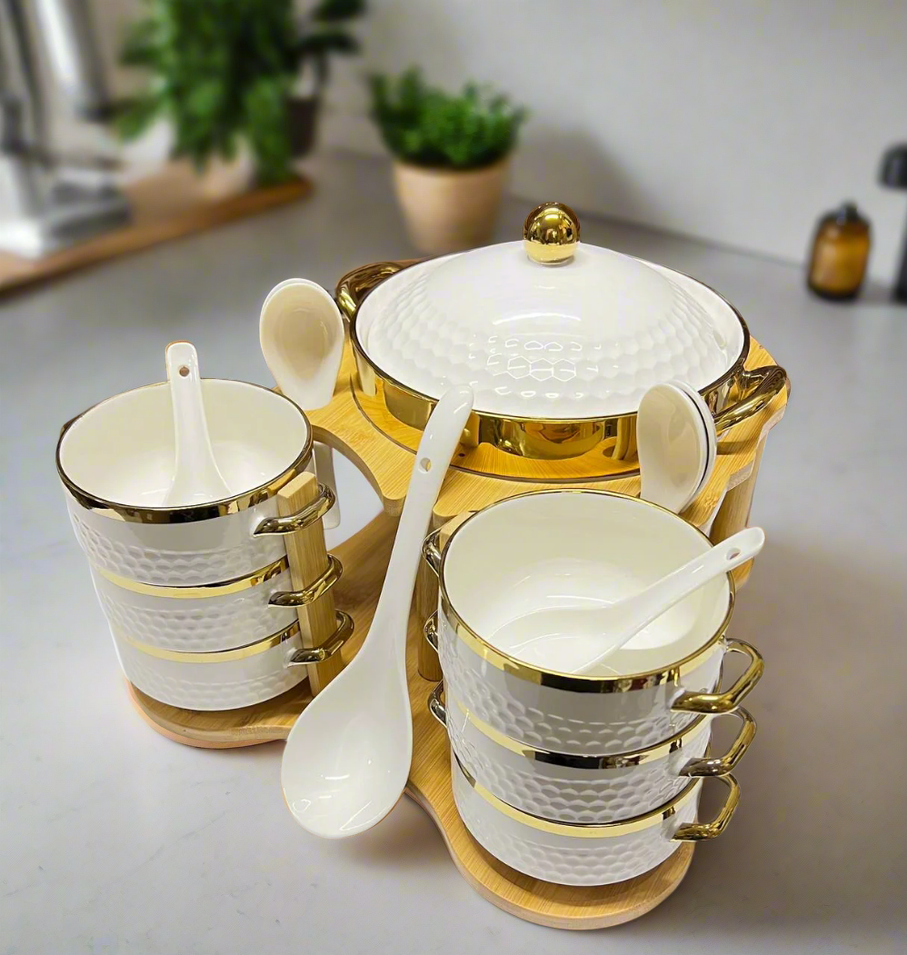 Inttox-🍜 Ensemble de Service à Soupe en Céramique & Bambou | 15 Pièces | Élégance & Luxe 🌟