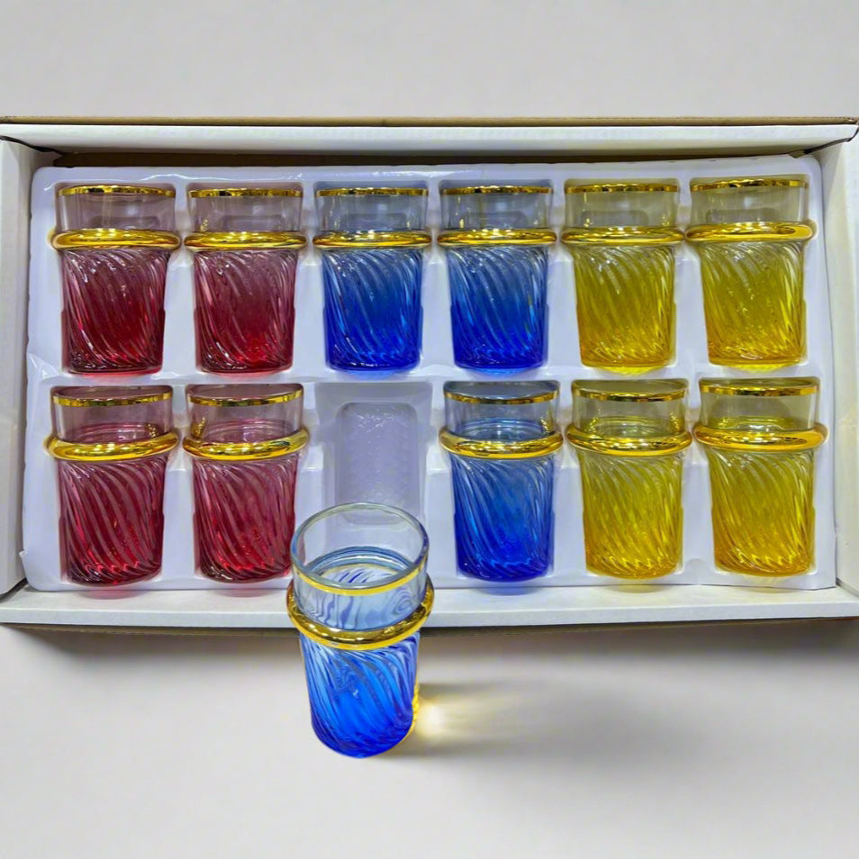 🥂 Inttox – Set de 12 Verres à Thé Marocains Colorés avec Finition Dorée ✨