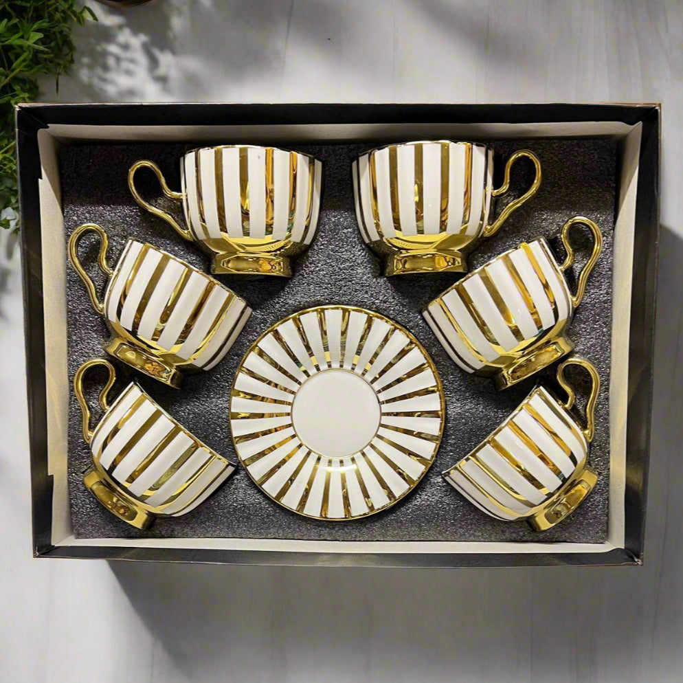 Inttox-✨☕ Service de Tasses à Café Rayées Or & Blanc – Élégance Royale (12 Pièces) 👑🎁