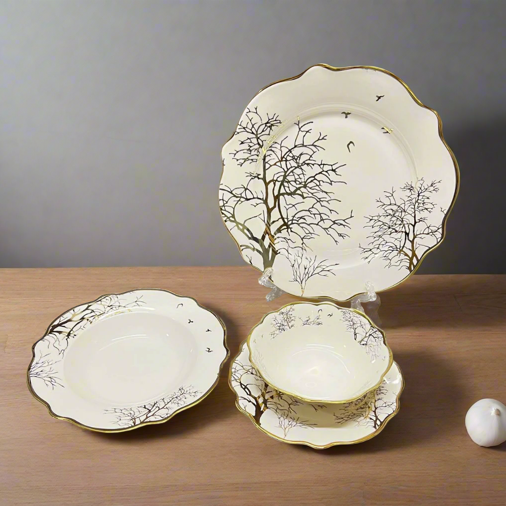 Inttox-✨ Service de table 24 pièces en porcelaine 🏺 - Élégance dorée pour vos repas 🍽️