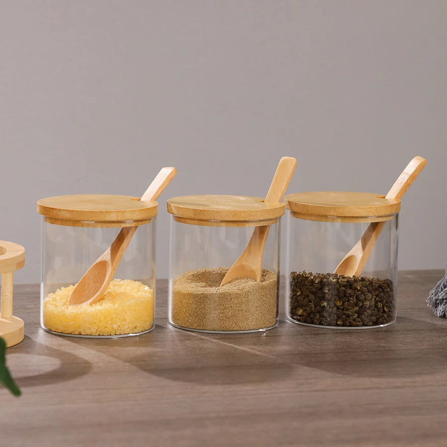 Inttox-🧂 Pot d'Assaisonnement pour Épices | Ensemble de 3 Pots en Verre avec Couvercle & Cuillère en Bambou 🌿