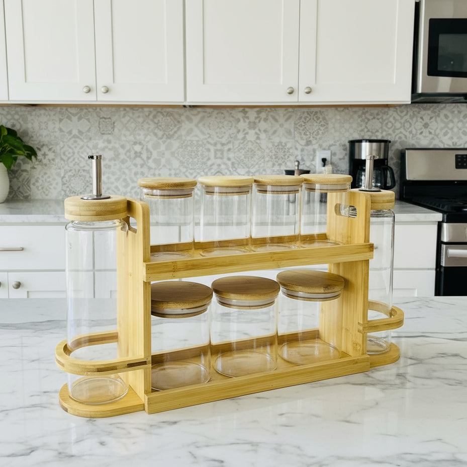 Inttox-🍯 Ensemble d’organisateurs de cuisine en verre & bambou