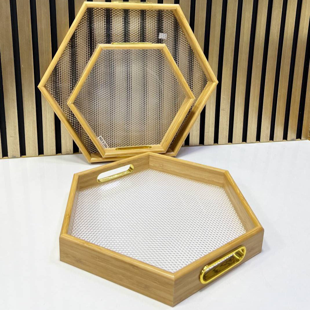 Inttox-🍯✨ Plateaux Hexagonaux en Bois de Bambou avec Poignées Dorées – Lot de 3 🪵🍵
