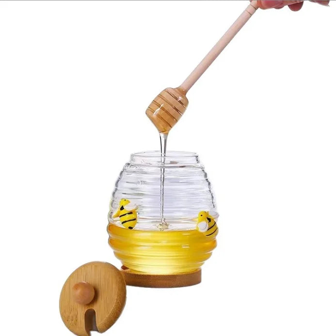 Inttox-Pot à Miel en Verre Borosilicate 🍯 avec Couvercle & Cuillère en Bambou