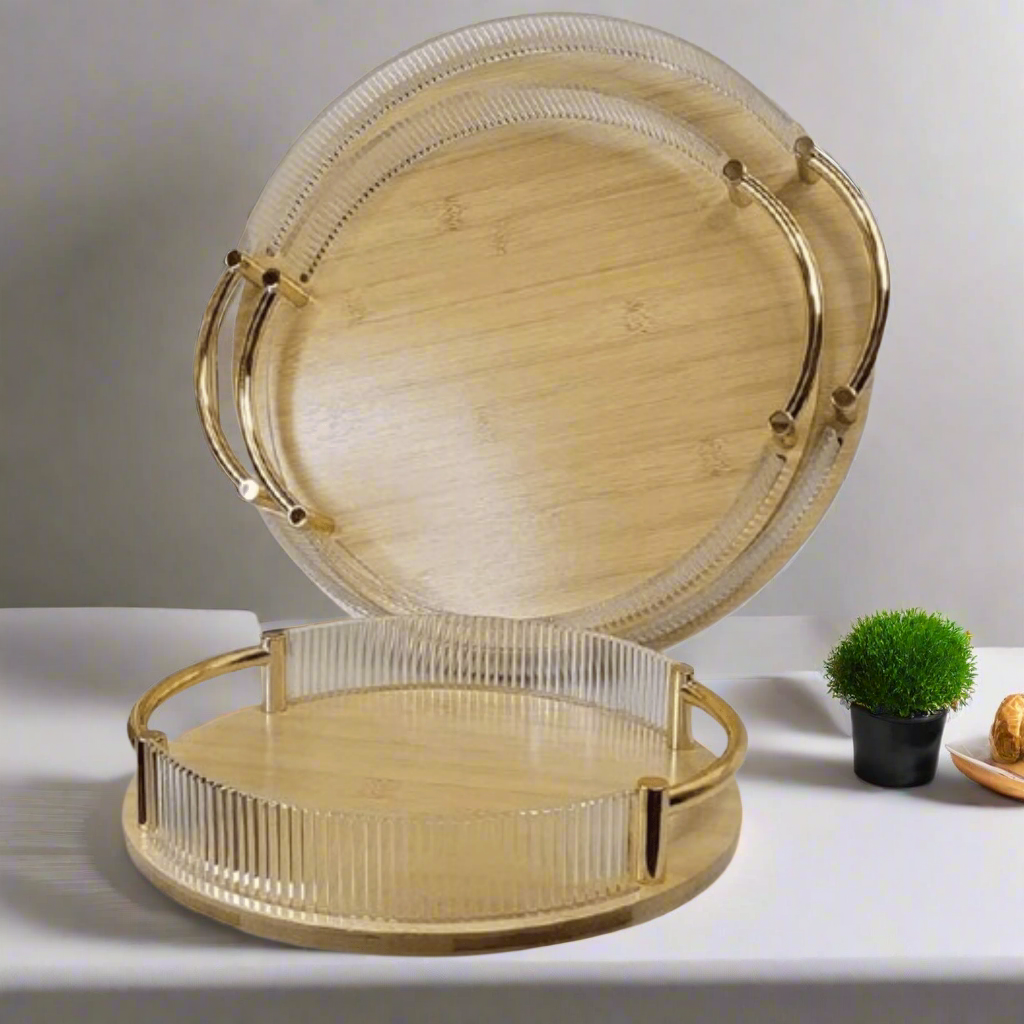 Inttox-Plateau de service en bambou avec poignées dorées et bordures acryliques transparentes. 3 piece