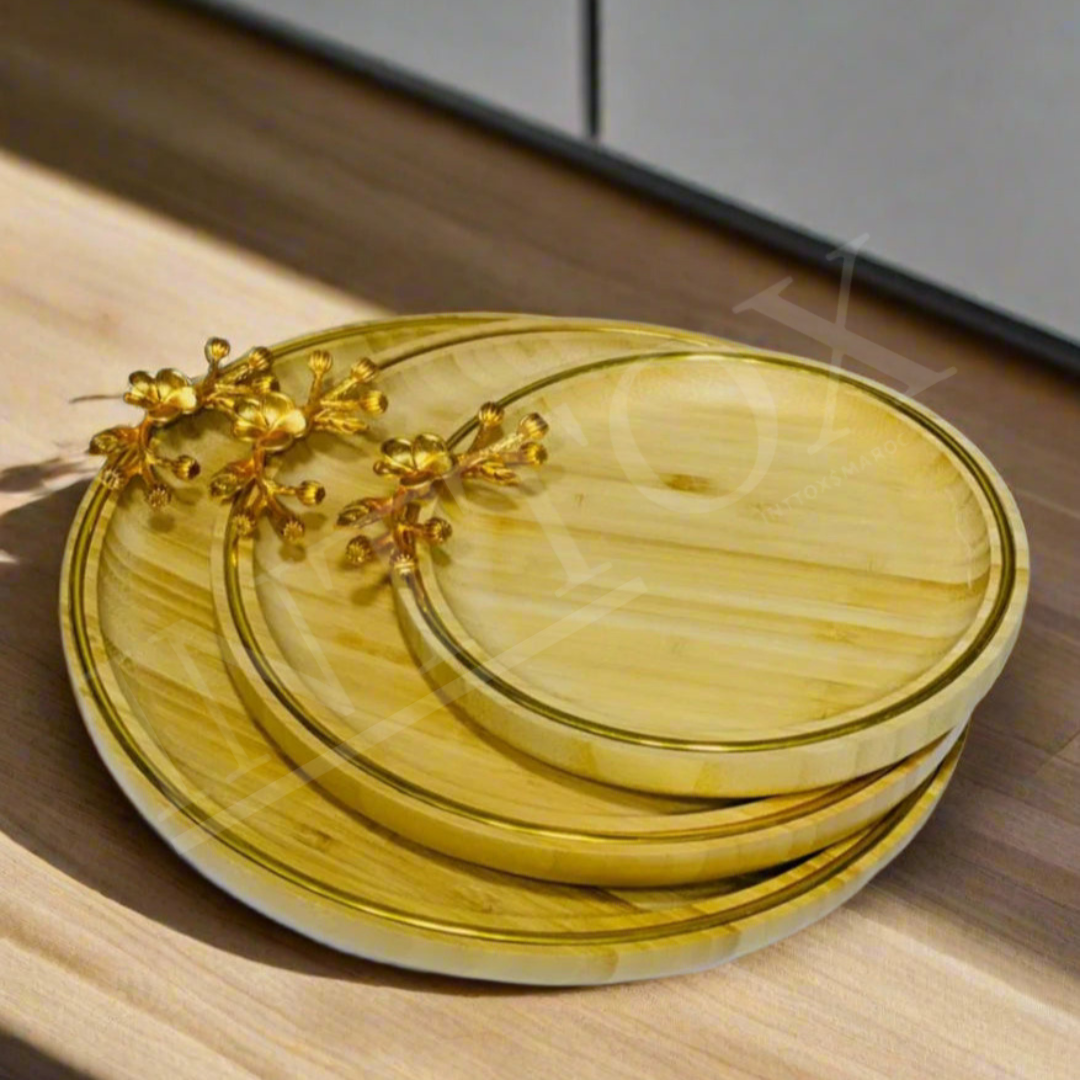 Inttox-🪵 Plateau de Service en Bois avec Détails Dorés 🌟 3 piece