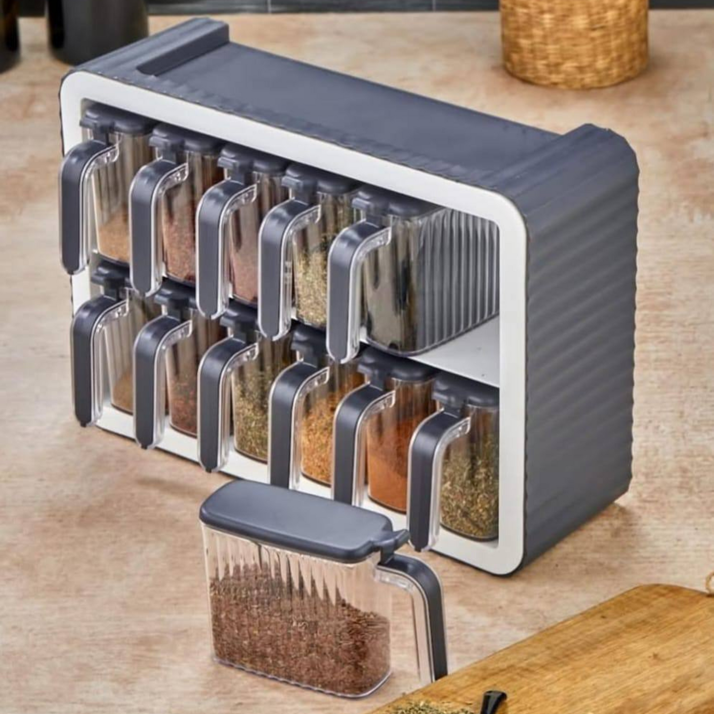 Inttox-Pots à Épices Auto-Adhésifs avec Cuillères et Légumes, avec Support, Blanc, Lot de 12