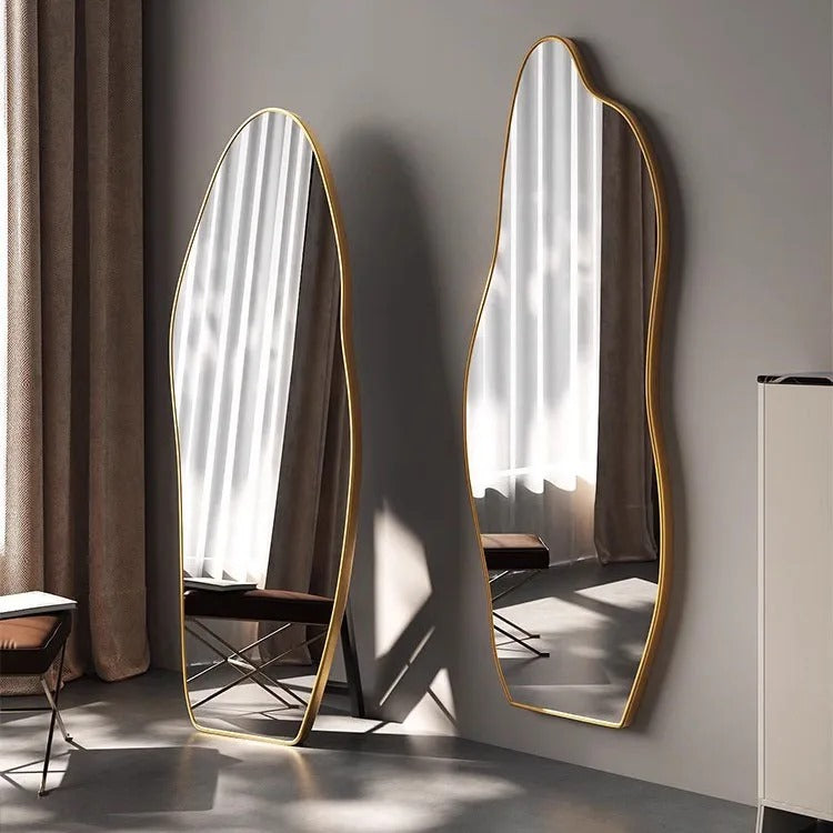 Inttox-🪞💃 Miroir Sur Pied Fille 👗 | Design Ondulé à Cadre Or en PVC ✨