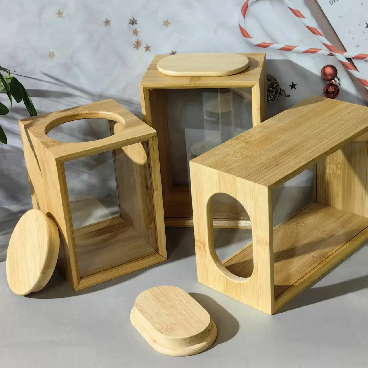 Inttox-🪵✨ Pot de Stockage en Bambou avec Couvercle Transparent