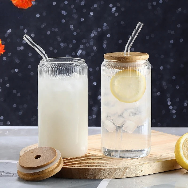 Inttox-🥤 Tasses en Verre de Haute Qualité avec Couvercle en Bambou 🌿 6 piece