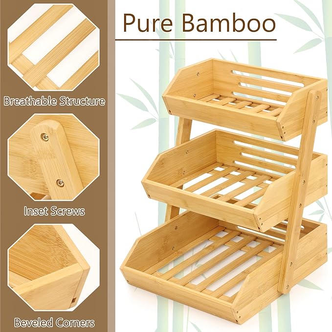 Inttox-🍇 Panier à Fruits & Légumes en Bambou – 2 ou 3 Niveaux de Rangement Naturel 🌿