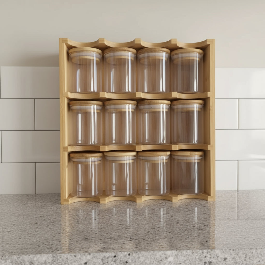 Inttox-Étagère à épices en bambou avec 12 bocaux