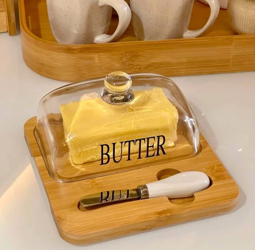 Inttox-🧈 Beurrier Chic – Couvercle en Verre & Plateau en Bambou Naturel 🌿