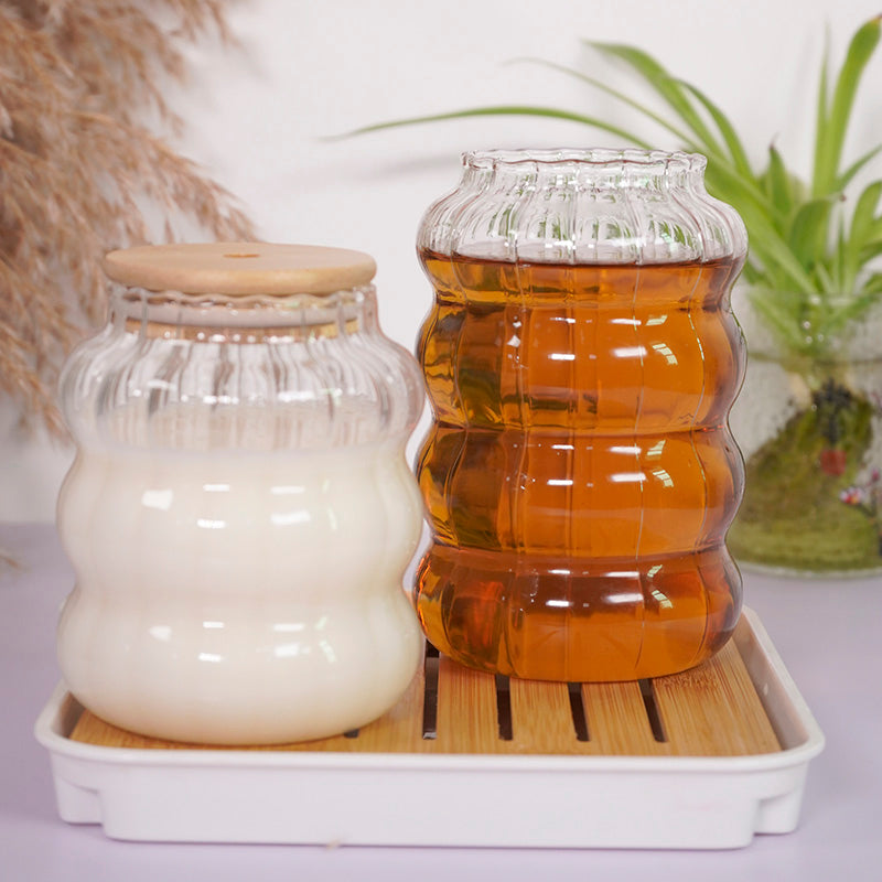 Inttox-☕ Tasse à Café Verre Borosilicate Rayé avec Couvercle Bambou & Paille (Lot de 6)