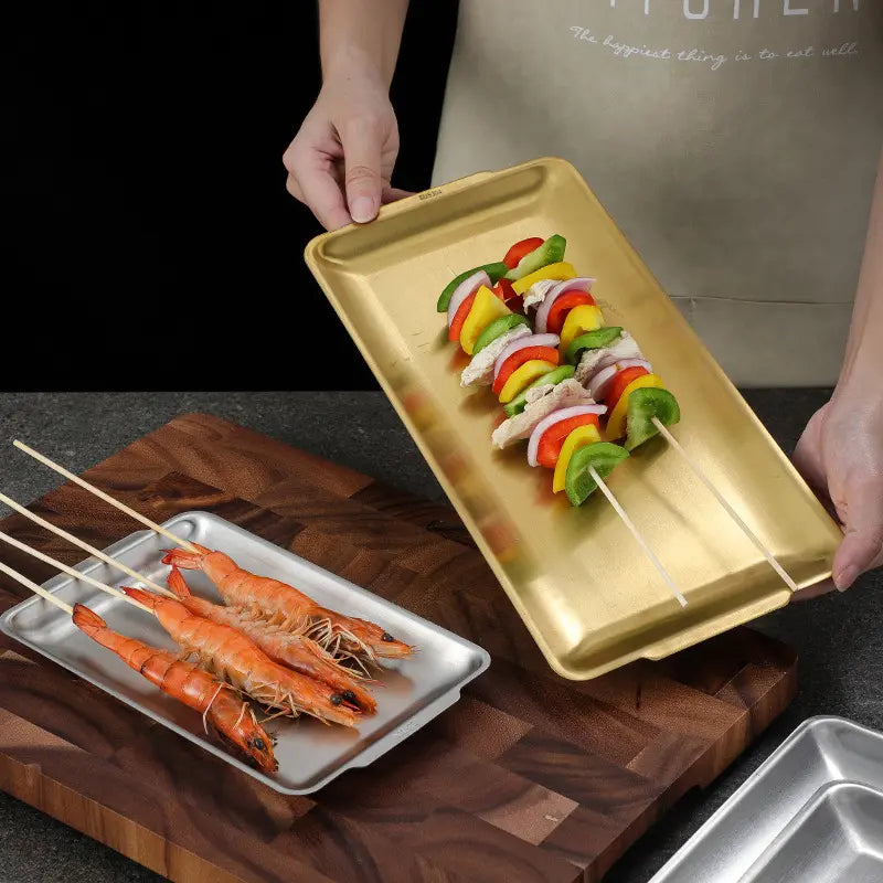 Inttox-🍽️ Assiette Rectangulaire en Acier Inoxydable 304 Dorée – Assiette à Légumes & Sushi de Style Coréen Épaissie ✨