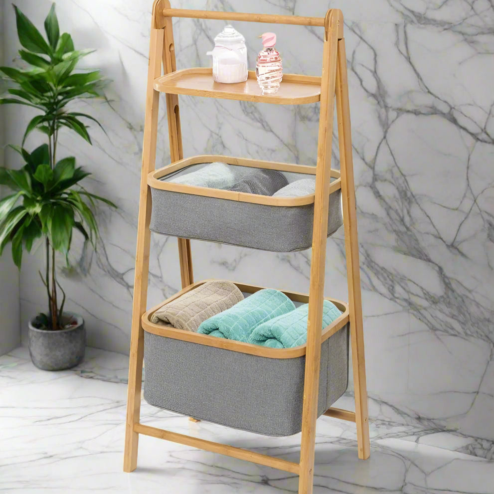 Inttox-Étagère de Rangement Pliable à 3 Niveaux en Bambou avec 2 Paniers en Tissu pour Salle de Bain