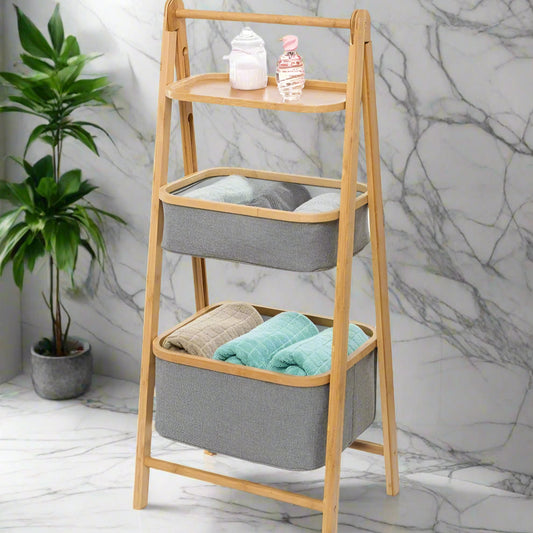 Inttox-Étagère de Rangement Pliable à 3 Niveaux en Bambou avec 2 Paniers en Tissu pour Salle de Bain