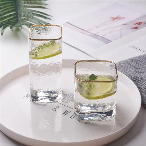 Inttox-Tasses en verre carrées de style japonais avec bord doré –  6 piece