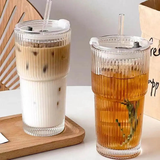 Inttox-☕ Tasse à Café en Verre Rayé avec Couvercle & Paille – 600 ml
