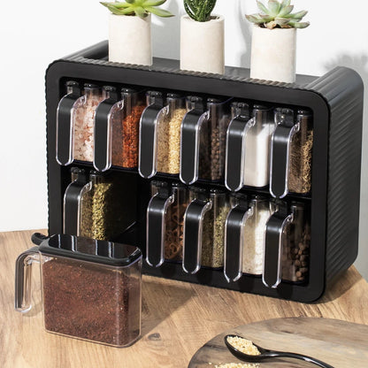 Inttox-Pots à Épices Auto-Adhésifs avec Cuillères et Légumes, avec Support, Blanc, Lot de 12