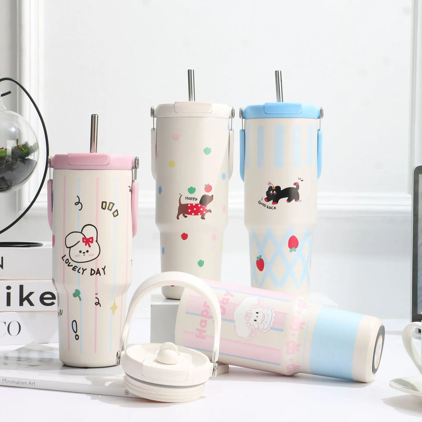 Inttox-🥤 Tasse Thermos  Design Dessin Animé avec Paille – 900 ml