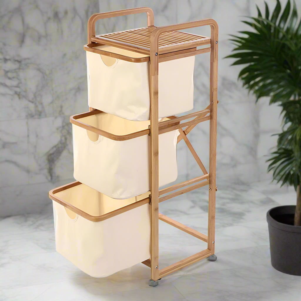 Inttox-🧺✨ Étagère de Rangement en Bambou avec Panier à Linge – Organisateur Chic pour la Maison 🌿🏡