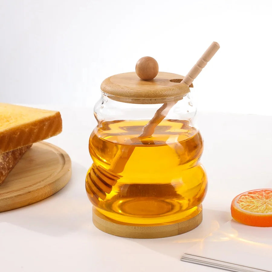 Inttox-🍯 Pot à Miel Rond en Verre Transparent avec Couvercle en Bois