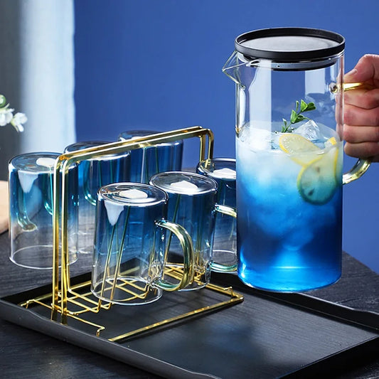 Inttox-Bouilloire à Eau Froide en Verre de Haute Qualité avec Couvercle et Ensemble de Tasses 7 piece