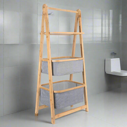 Inttox-Étagère de Rangement Pliable à 3 Niveaux en Bambou avec 2 Paniers en Tissu pour Salle de Bain