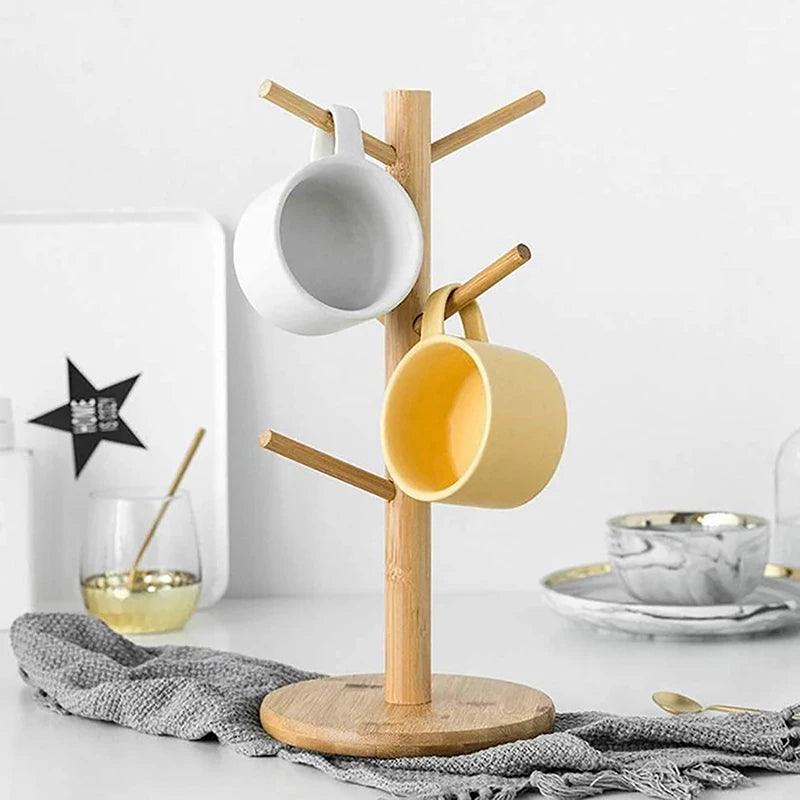 Inttox-Support de rangement vertical en bois pour tasse avec 6 crochets