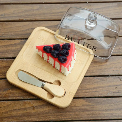 Inttox-🧈 Beurrier Chic – Couvercle en Verre & Plateau en Bambou Naturel 🌿
