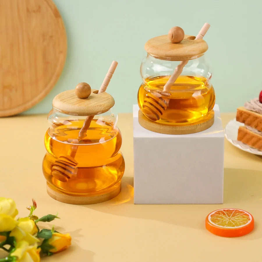 Inttox-🍯 Pot à Miel Rond en Verre Transparent avec Couvercle en Bois