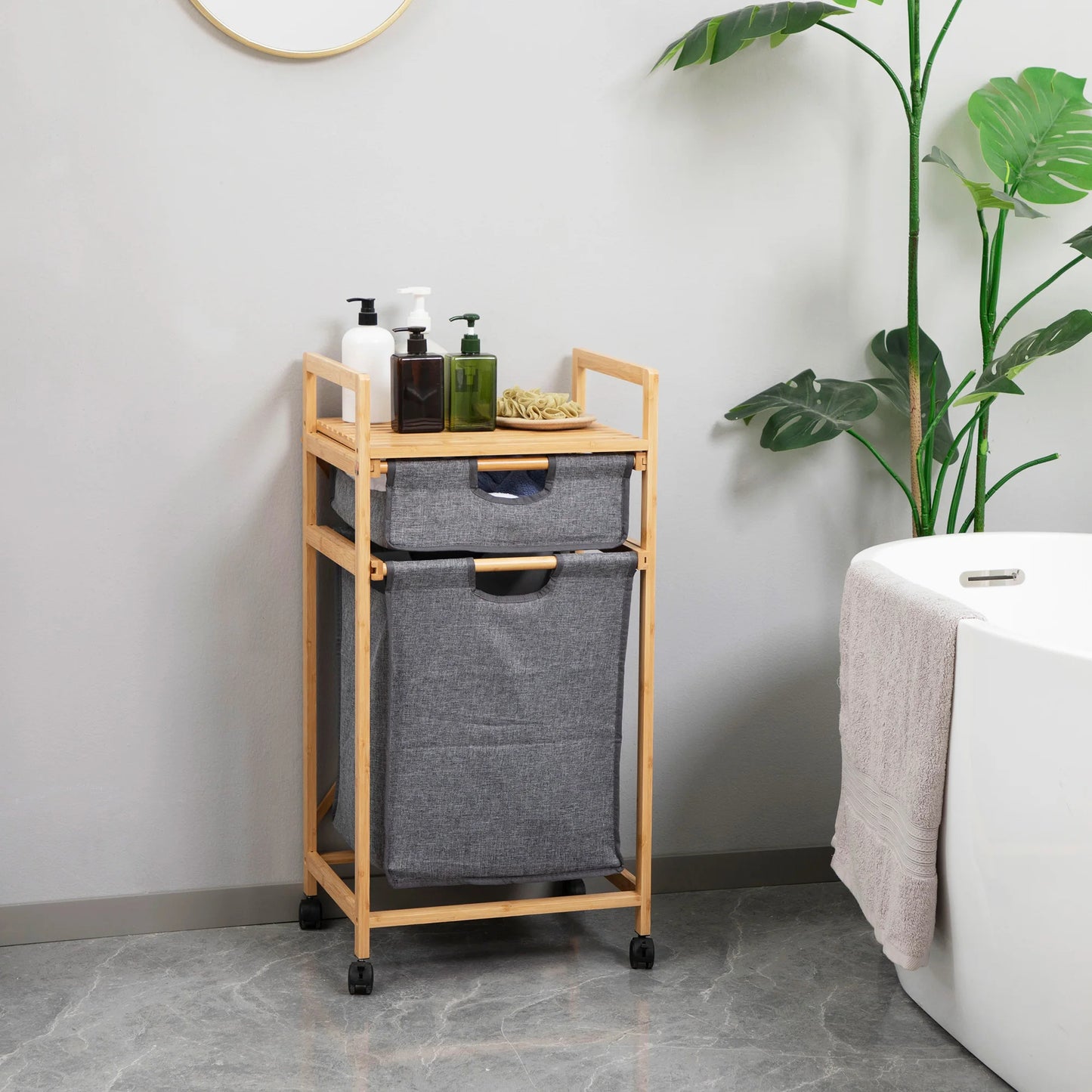 Inttox-🧺  Panier à Linge en Bambou avec 2 Sacs Amovibles 🪵👕