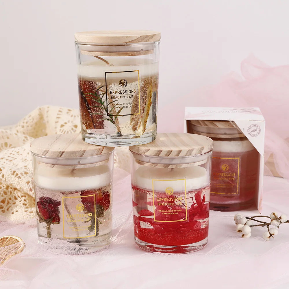 Inttox-🕯️🌸 Bougie Parfumée en Gelée avec Fleurs Séchées – Cadeau Élégant et Relaxant 🎁✨