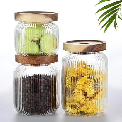 Inttox-Lot de 3 bocaux de cuisine en verre transparent avec couvercle hermétique en bambou pour bonbons