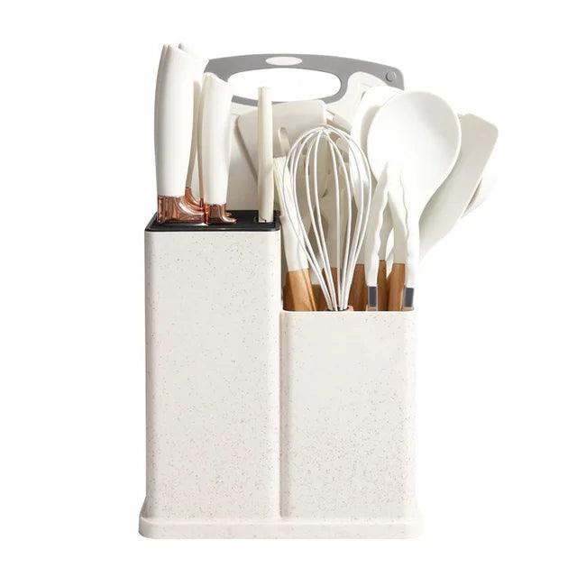 Inttox-Ensemble d'Ustensiles de Cuisine en Silicone avec Manche en Bois-18 piece - Inttox