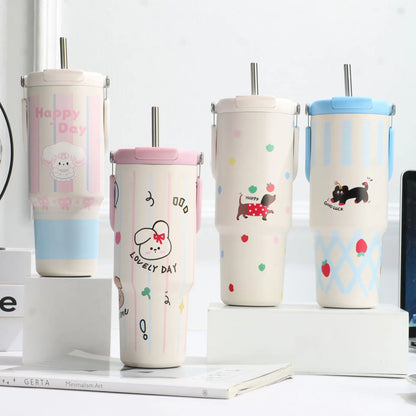 Inttox-🥤 Tasse Thermos  Design Dessin Animé avec Paille – 900 ml