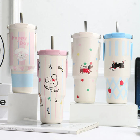 Inttox-🥤 Tasse Thermos  Design Dessin Animé avec Paille – 900 ml