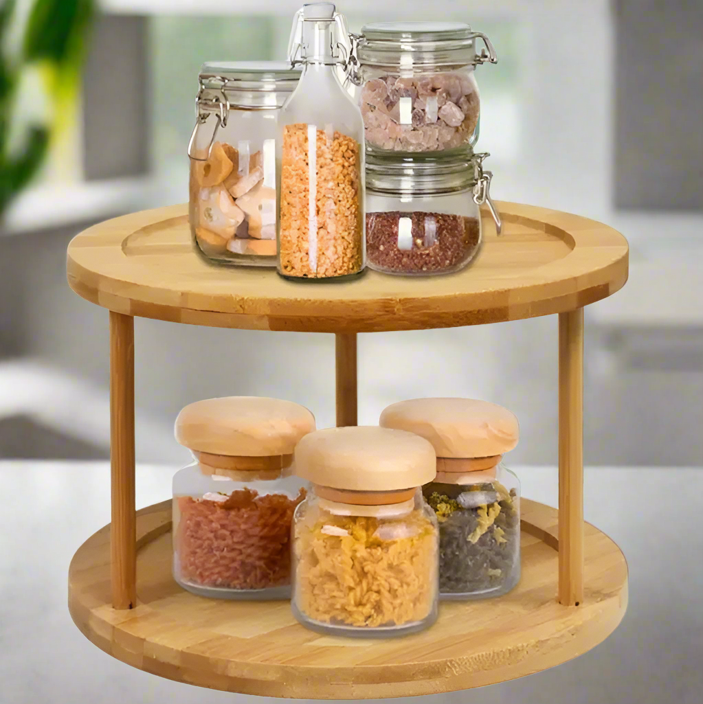 Inttox- Étagère de Rangement en Bambou 🌿 – Double Rotation pour Pots à Épices