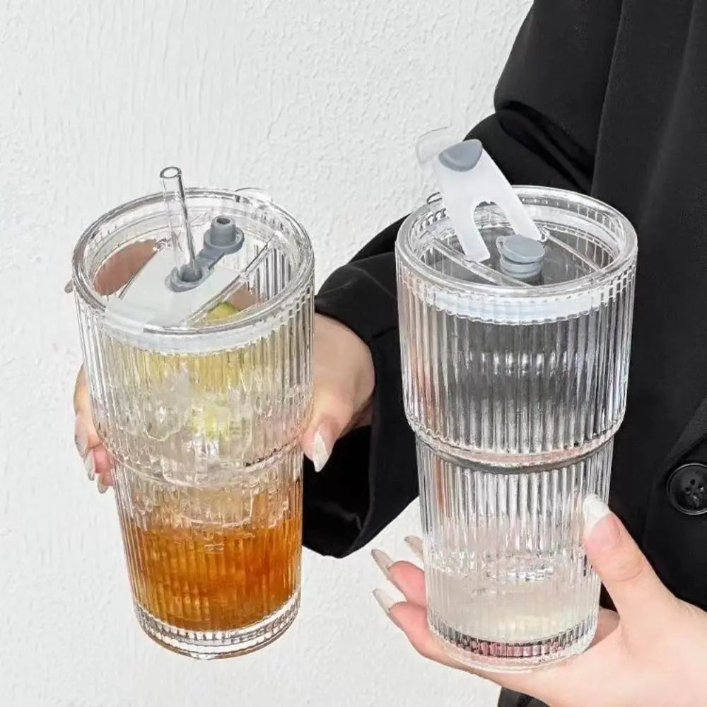 Inttox-☕ Tasse à Café en Verre Rayé avec Couvercle & Paille – 600 ml